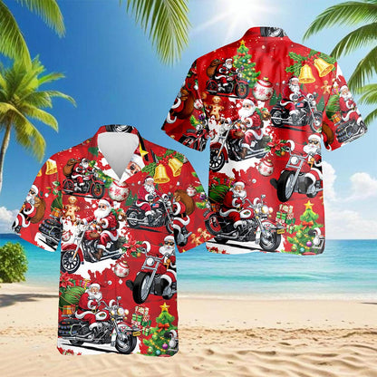 Netecom Santa Claus Riding Motorcycle Christmas Hawaiian Shirt, Funny Holiday Biker Button Down Short Sleeve Shirt, S-5XL