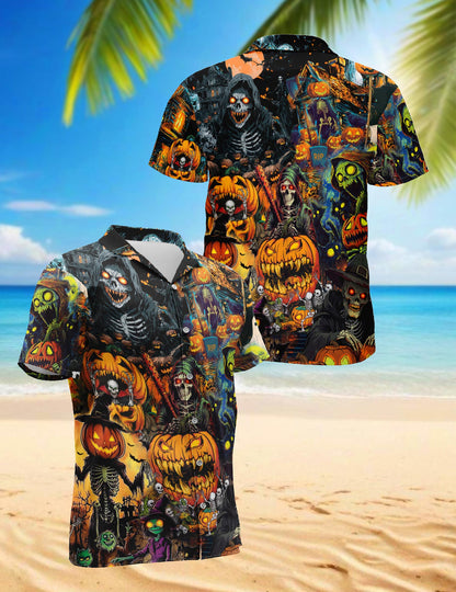 Netecom Spooky Skeleton Halloween Hawaiian Shirt for Men, Pumpkin Ghost Button Down Summer Beach Short Sleeve Shirts, S-5XL