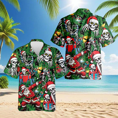 Netecom Skeleton Santa Claus Christmas Hawaiian Shirt for Men, Funny Skull Holiday Button Down Summer Beach Shirt, S-5XL