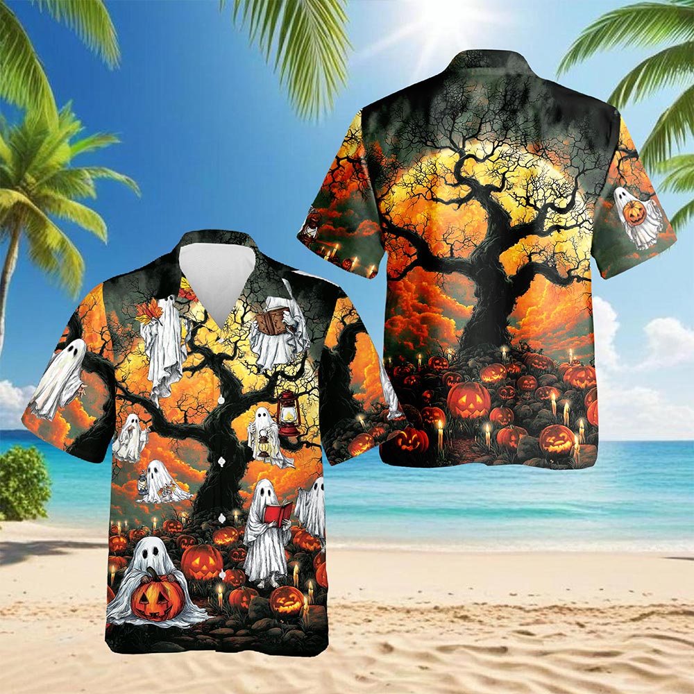 Netecom Ghost Halloween Hawaiian Shirt for Men, Halloween Present, Pumpkins Button Down Summer Beach Shirts, S-5XL