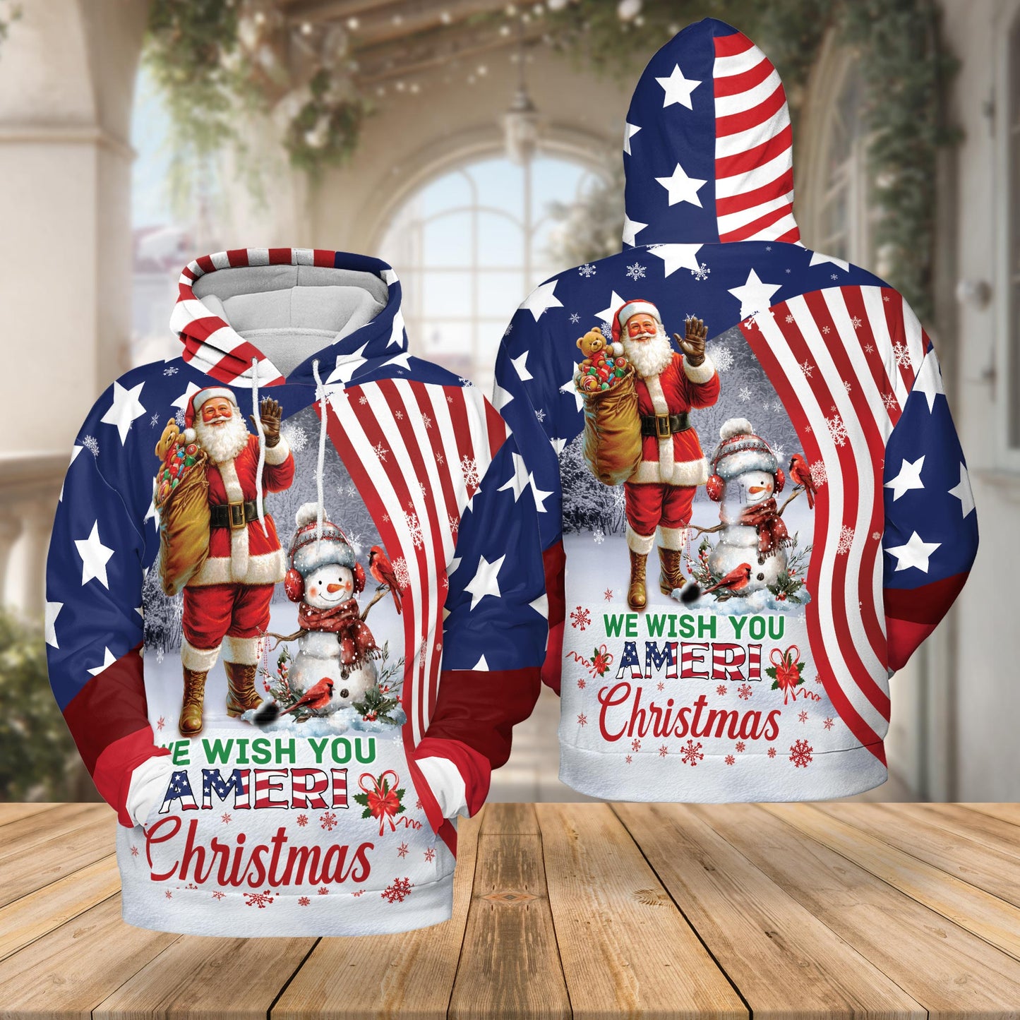 Netecom We Wish You Ameri Christmas 3D Hoodie with Front Pocket, Unisex Casual All Over Patriotic Graphic Sweatshirt