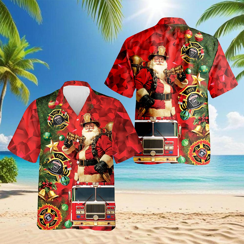 Netecom Firefighter Santa Claus Christmas Hawaiian Shirt for Men, Fire Truck Holiday Button Down Summer Beach Shirt, S-5XL