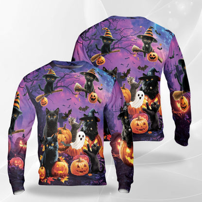 Netecom Halloween Black Cat Pumpkin Sweatshirt 3D All Over Print, Witchy Spooky Outfit, Crewneck Pullover for Costume Party