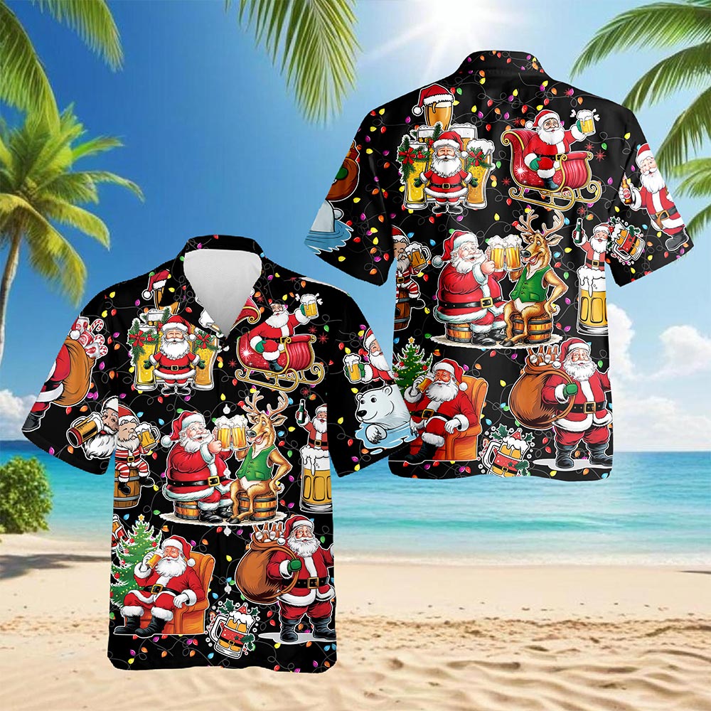 Netecom Santa Beer Lover Hawaiian Shirt for Men, Funny Christmas Drinking Holiday Button Down Summer Beach Shirt, S-5XL