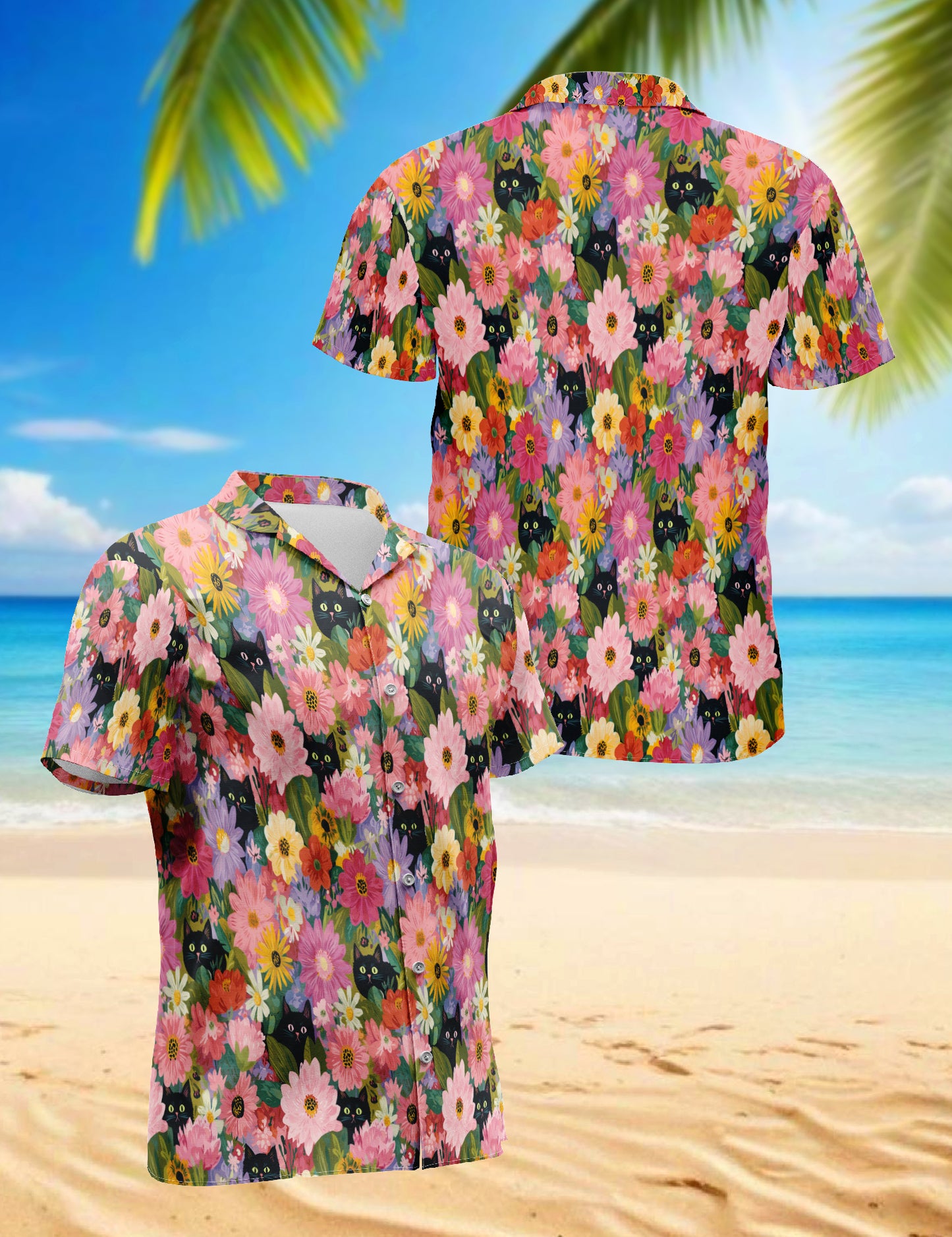Netecom Black Cat Floral Hawaiian Shirt for Men Women, Cute Kitten in Colorful Daisy Garden Button Down Shirt