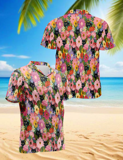 Netecom Black Cat Floral Hawaiian Shirt for Men Women, Cute Kitten in Colorful Daisy Garden Button Down Shirt