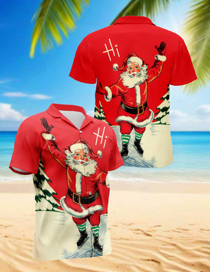 Netecom Vintage Ice Skating Santa Hawaiian Shirt for Men, Retro Old Fashion Christmas Button Down Summer Beach Shirt, S-5XL