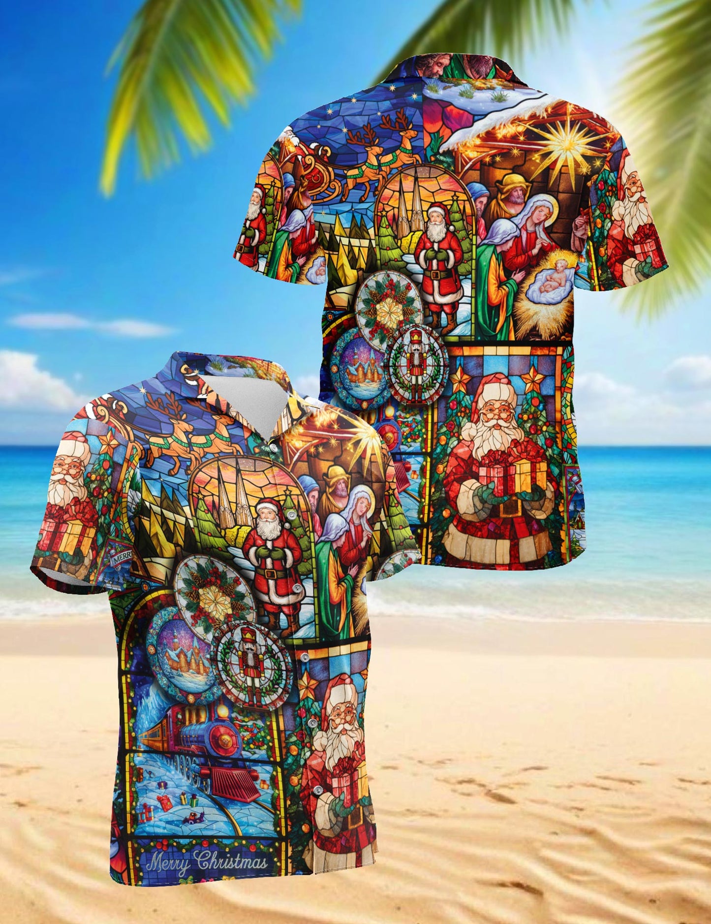 Netecom Christmas Stained Glass Hawaiian Shirt for Men, Nativity Scene Santa Claus Aloha Button Down Summer Beach Shirt, S-5XL
