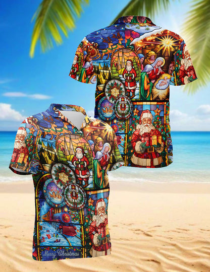 Netecom Christmas Stained Glass Hawaiian Shirt for Men, Nativity Scene Santa Claus Aloha Button Down Summer Beach Shirt, S-5XL