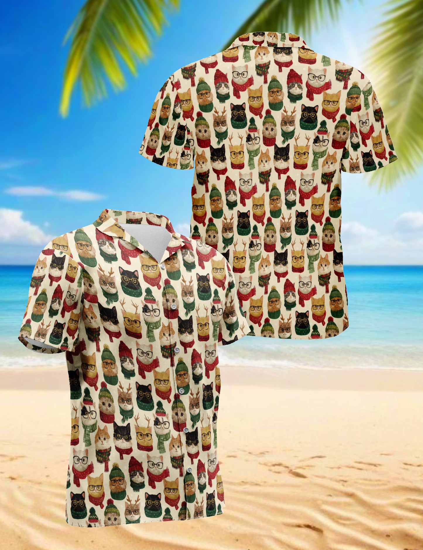 Netecom Christmas Cat Pattern Hawaiian Shirt, Cute Kitten in Glasses and Scarves Button Down Winter Holiday Beach Shirt