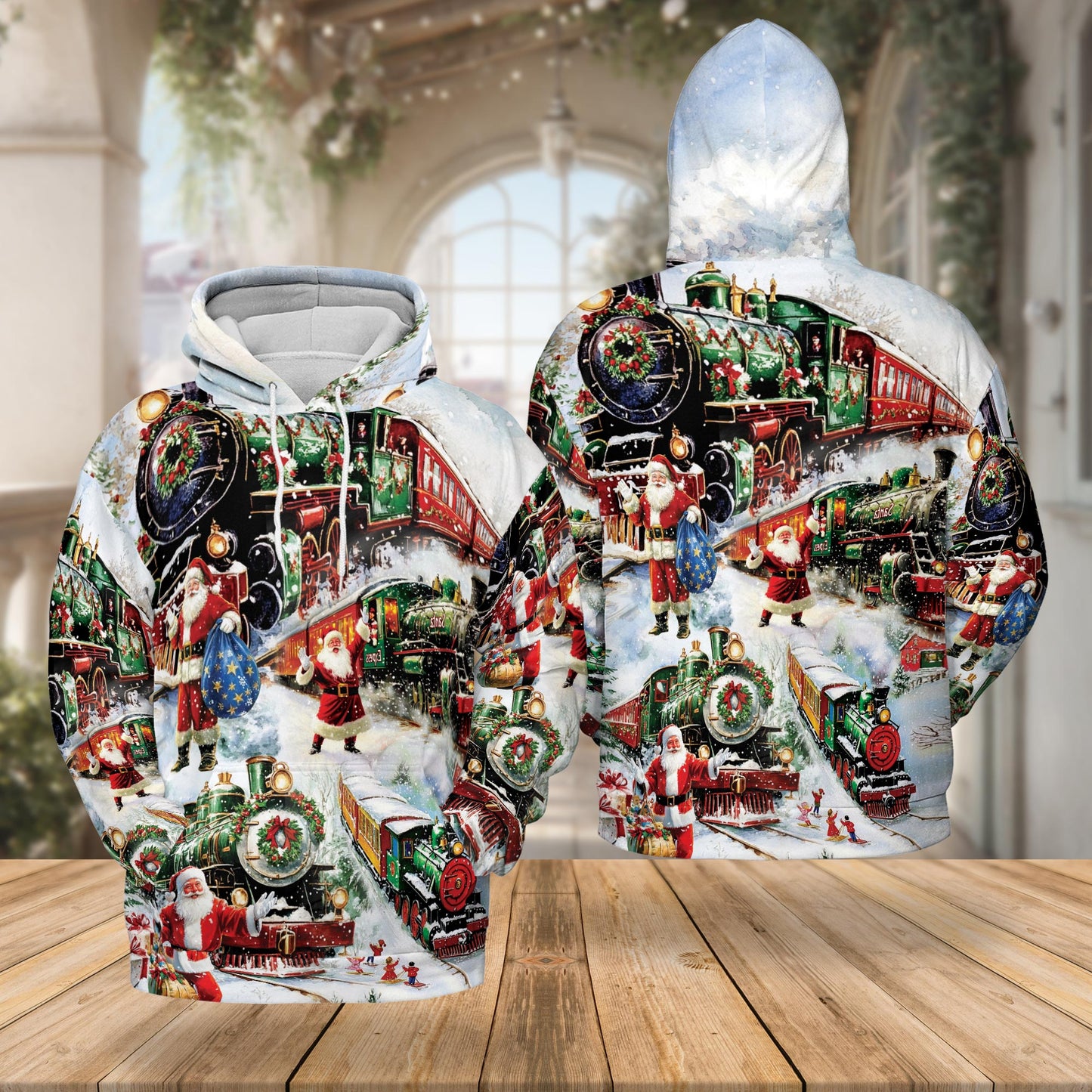 Netecom Christmas Train 3D Hoodie with Front Pocket, Unisex Casual All Over Vintage Santa Claus Graphic Sweatshirt