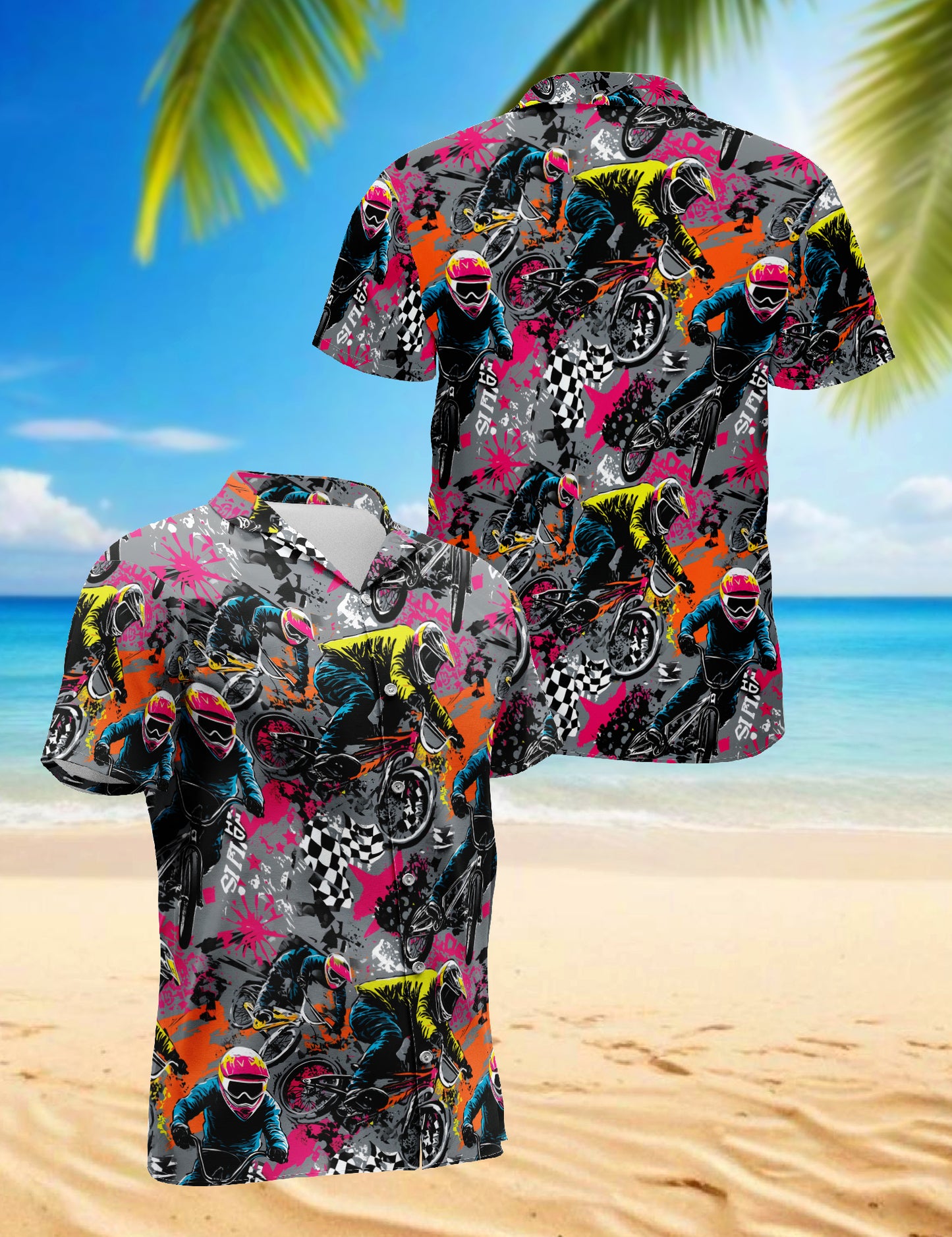 Netecom Freestyle BMX Hawaiian Shirt for Men, Colorful Pop Art Bicycle Rider Graphic Button Down Shirt