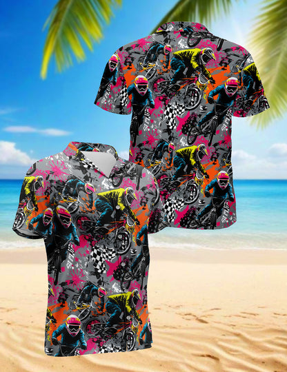 Netecom Freestyle BMX Hawaiian Shirt for Men, Colorful Pop Art Bicycle Rider Graphic Button Down Shirt
