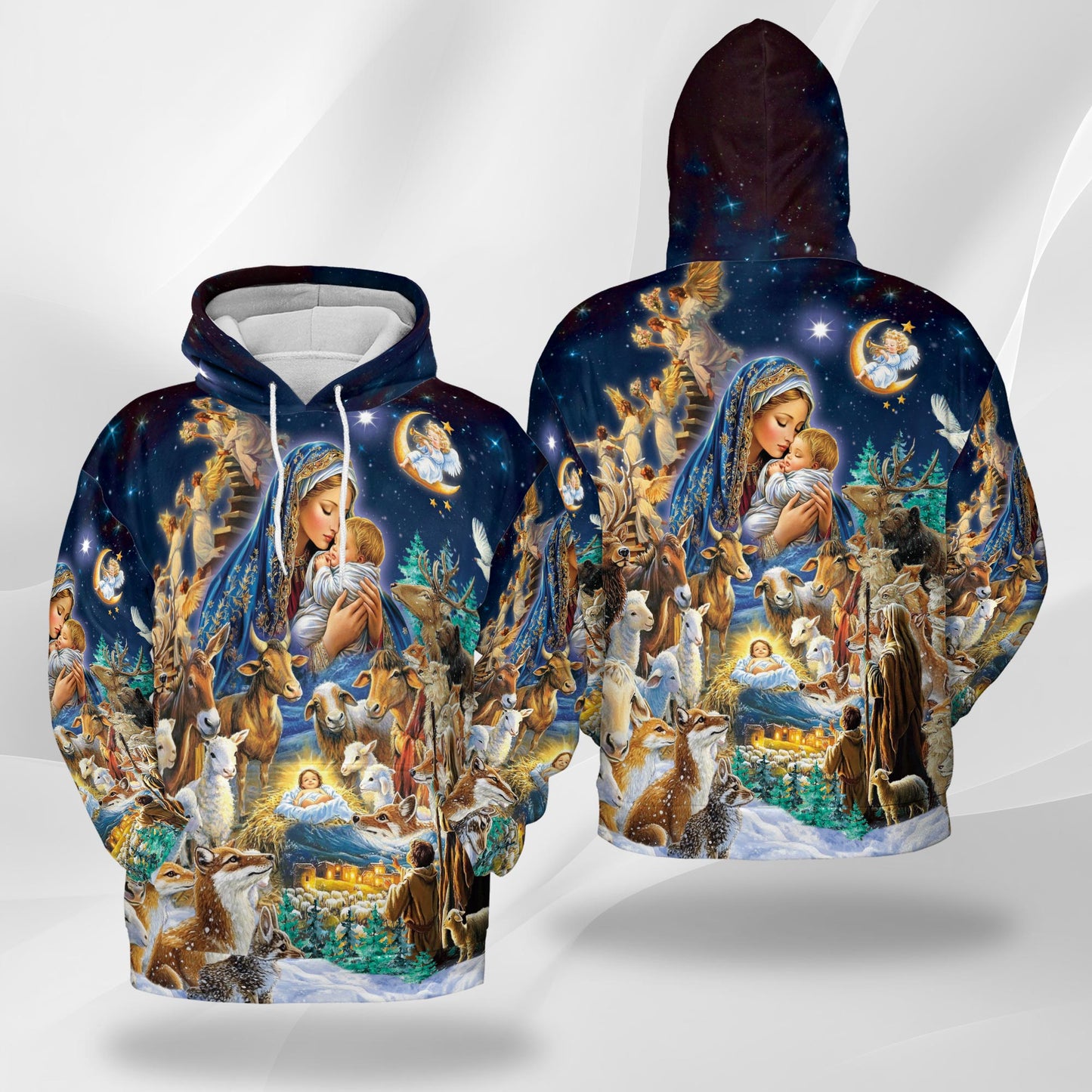 Netecom Nativity Scene Print Hoodie with Front Pocket, All Over Holy Family Christian Graphic Sweatshirt Unisex Casual