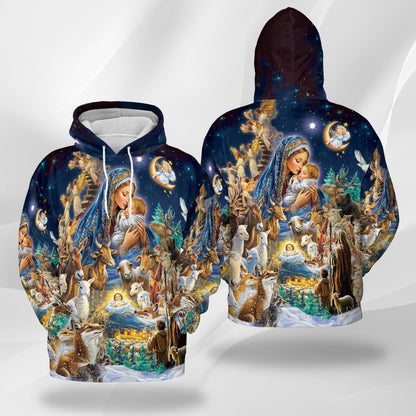 Netecom Nativity Scene Print Hoodie with Front Pocket, All Over Holy Family Christian Graphic Sweatshirt Unisex Casual