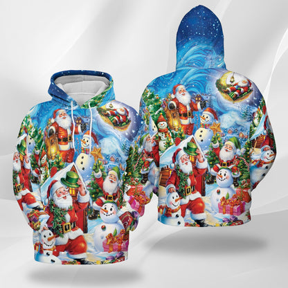 Netecom Santa Claus and Snowman Print Hoodie with Front Pocket, All Over Graphic Festive Christmas Sweatshirt Unisex Casual