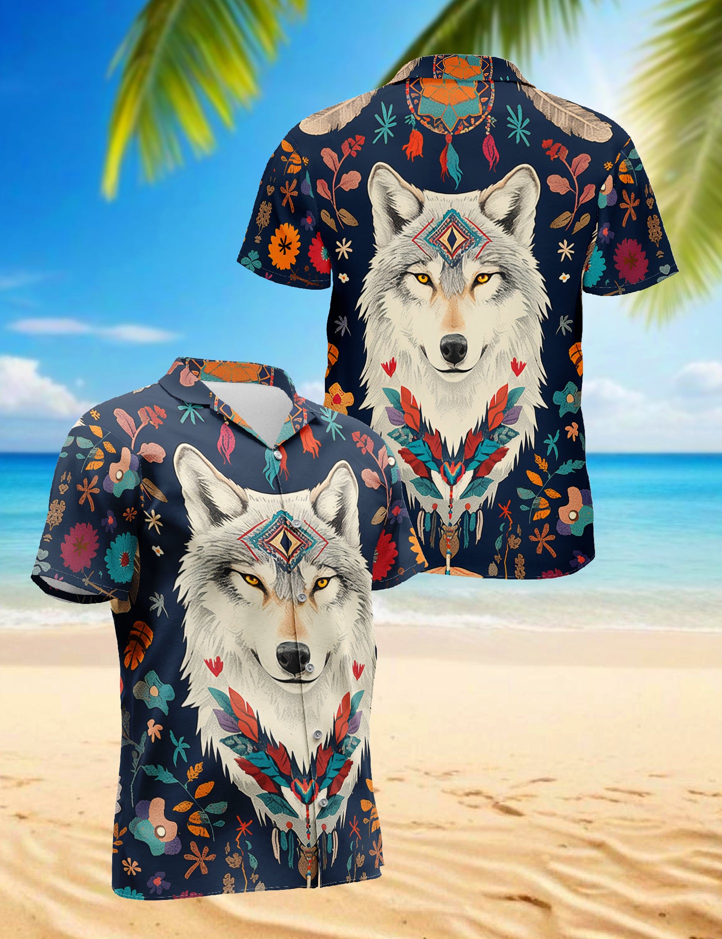 Netecom Wolf Art Hawaiian Shirt for Men, Wolf Lover Gifts, Wild Vintage Button Down Summer Beach Shirts