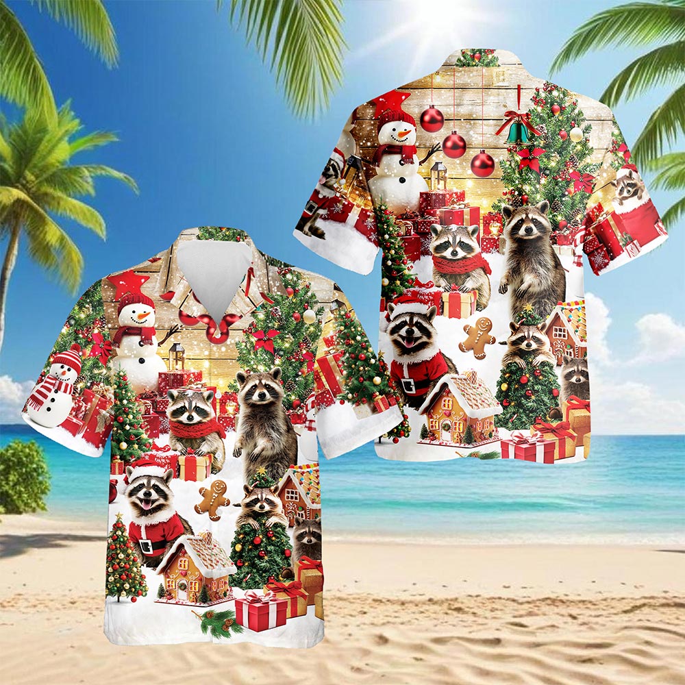 Netecom Christmas Raccoon Hawaiian Shirt for Men, Cute Animal Holiday Print Button Down Summer Beach Short Sleeve Shirt, S-5XL