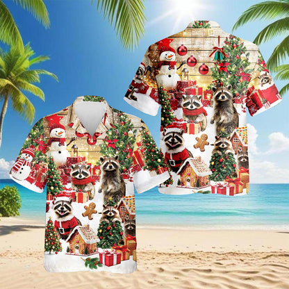 Netecom Christmas Raccoon Hawaiian Shirt for Men, Cute Animal Holiday Print Button Down Summer Beach Short Sleeve Shirt, S-5XL