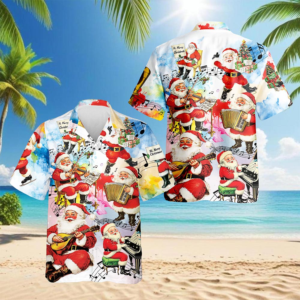 Netecom Musical Santa Claus Christmas Hawaiian Shirt, Funny Holiday Button Down Summer Beach Short Sleeve Shirt, S-5XL