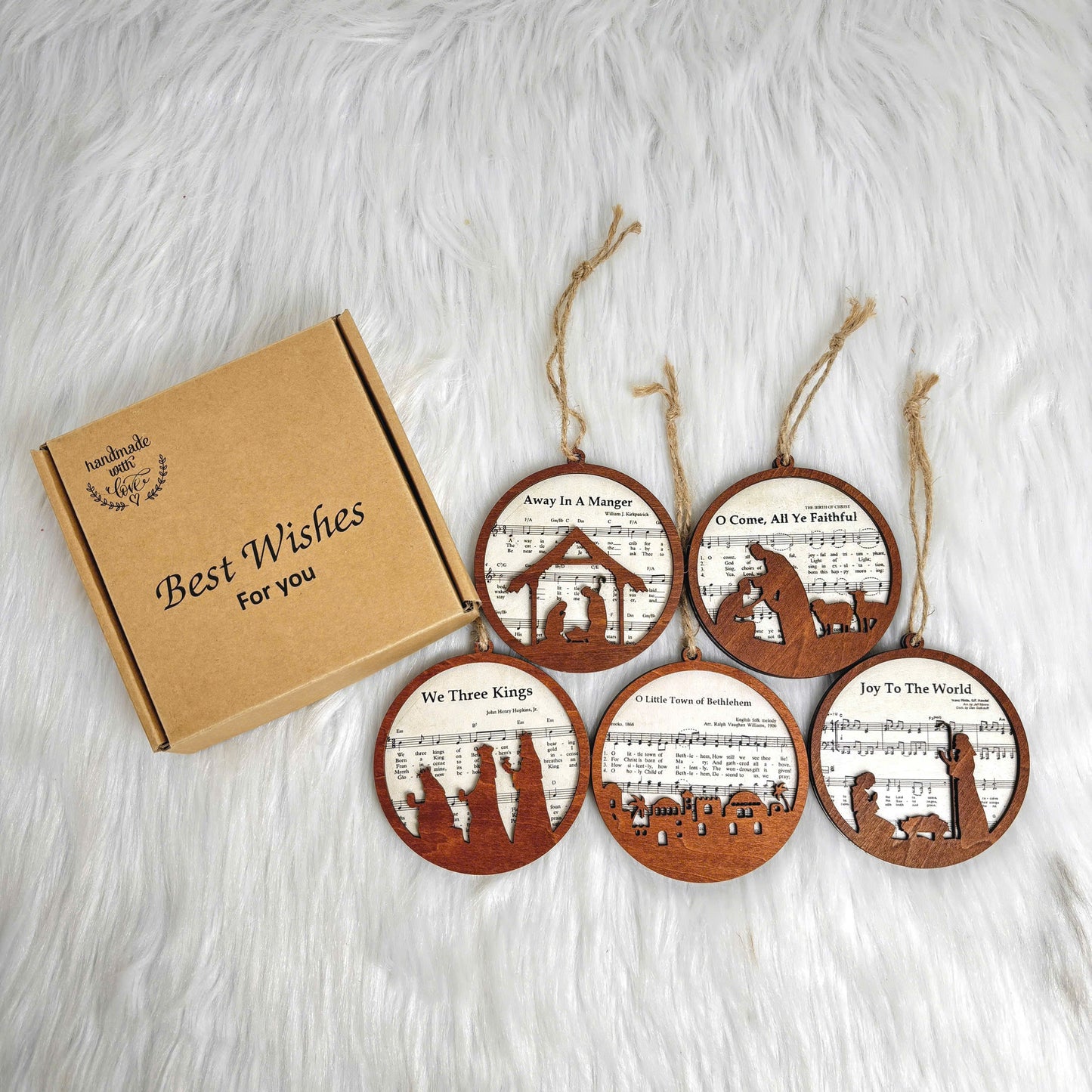 Netecom 2-Layered Wooden Christmas Ornaments – Nativity Hymn Scene Set of 5, Biblical Song Design “Joy to the World”, “We Three Kings”