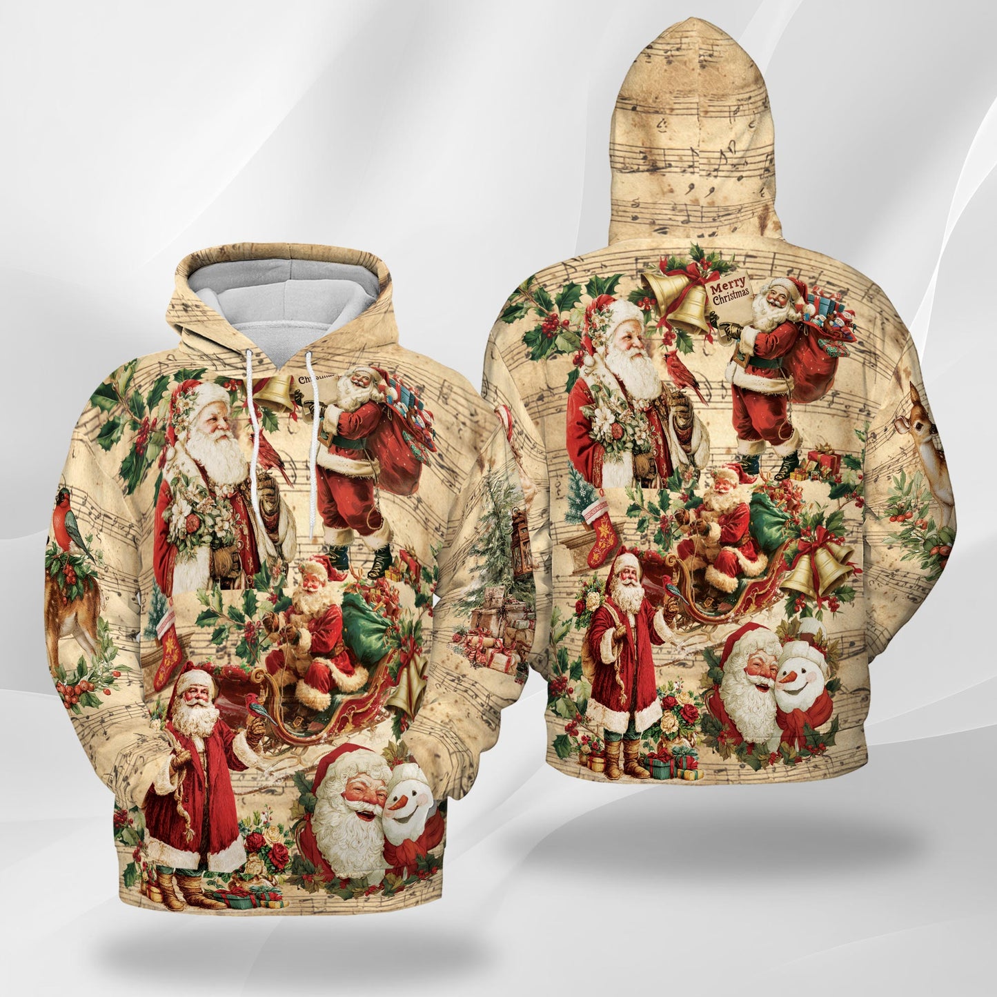 Netecom Vintage Santa Claus Christmas Print Hoodie with Front Pocket, All Over Musical Graphic Sweatshirt Unisex Casual