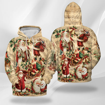 Netecom Vintage Santa Claus Christmas Print Hoodie with Front Pocket, All Over Musical Graphic Sweatshirt Unisex Casual