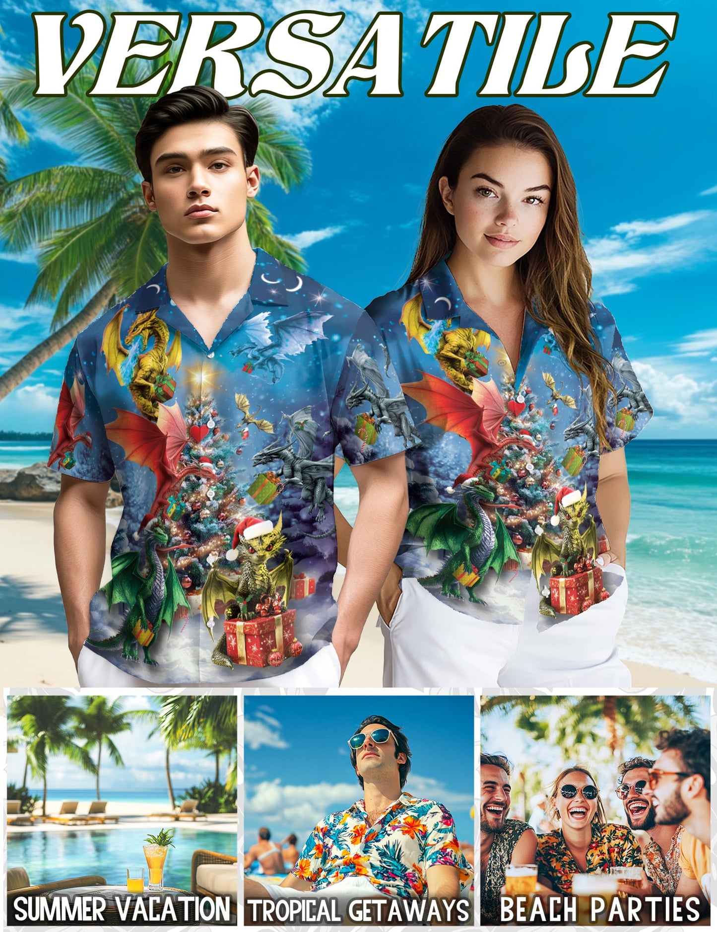 Netecom Christmas Dragons Hawaiian Shirt for Men Women, Fantasy Dragon Button Down Summer Short Sleeve Shirts, S-5XL