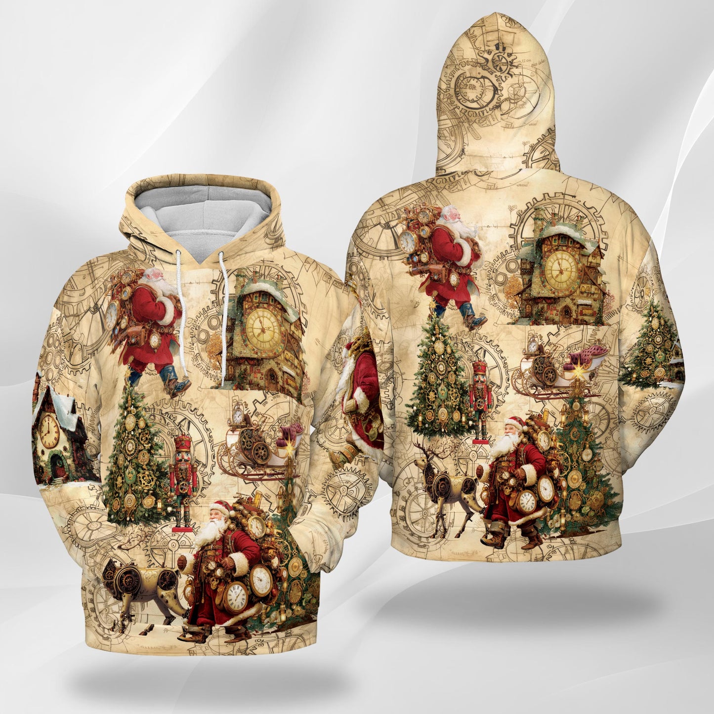 Netecom Steampunk Christmas Print Hoodie with Front Pocket, All Over Santa Claus Clock Gears Graphic Sweatshirt Unisex Casual
