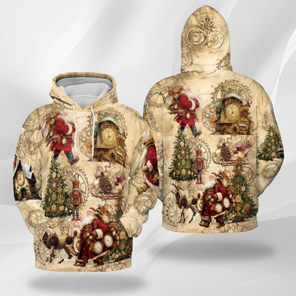 Netecom Steampunk Christmas Print Hoodie with Front Pocket, All Over Santa Claus Clock Gears Graphic Sweatshirt Unisex Casual