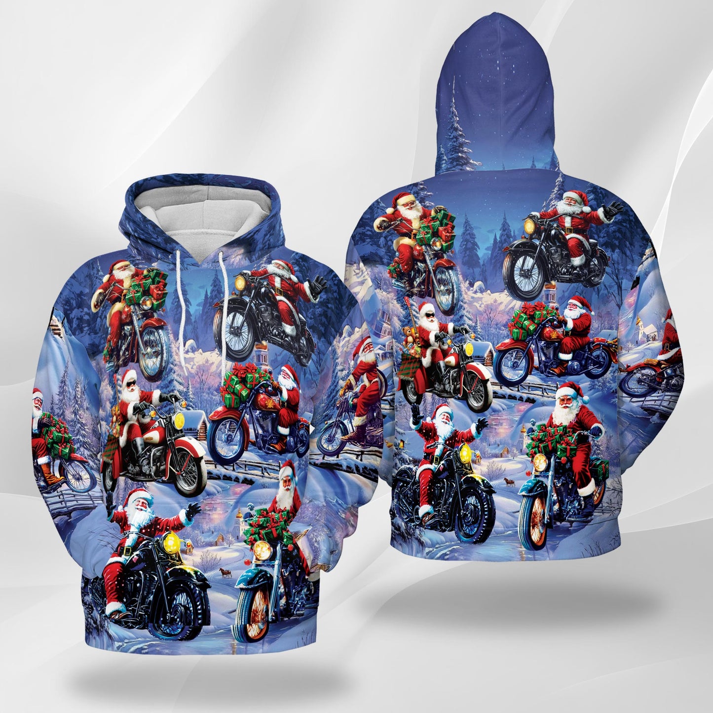 Netecom Santa Claus Riding Motorcycle Print Hoodie with Front Pocket, All Over Funny Biker Graphic Sweatshirt Unisex Casual