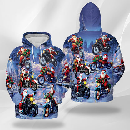 Netecom Santa Claus Riding Motorcycle Print Hoodie with Front Pocket, All Over Funny Biker Graphic Sweatshirt Unisex Casual