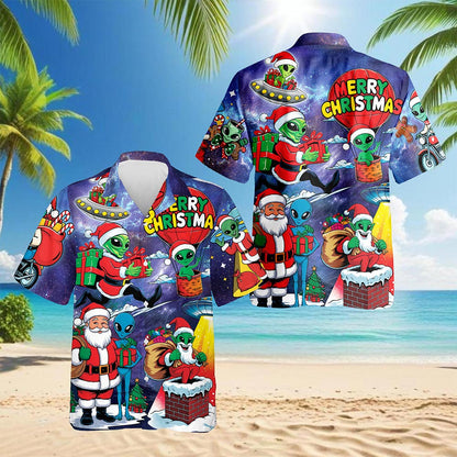 Netecom Alien Santa Claus Christmas Hawaiian Shirt for Men, Funny Galaxy Space Holiday Button Down Summer Beach Shirts, S-5XL