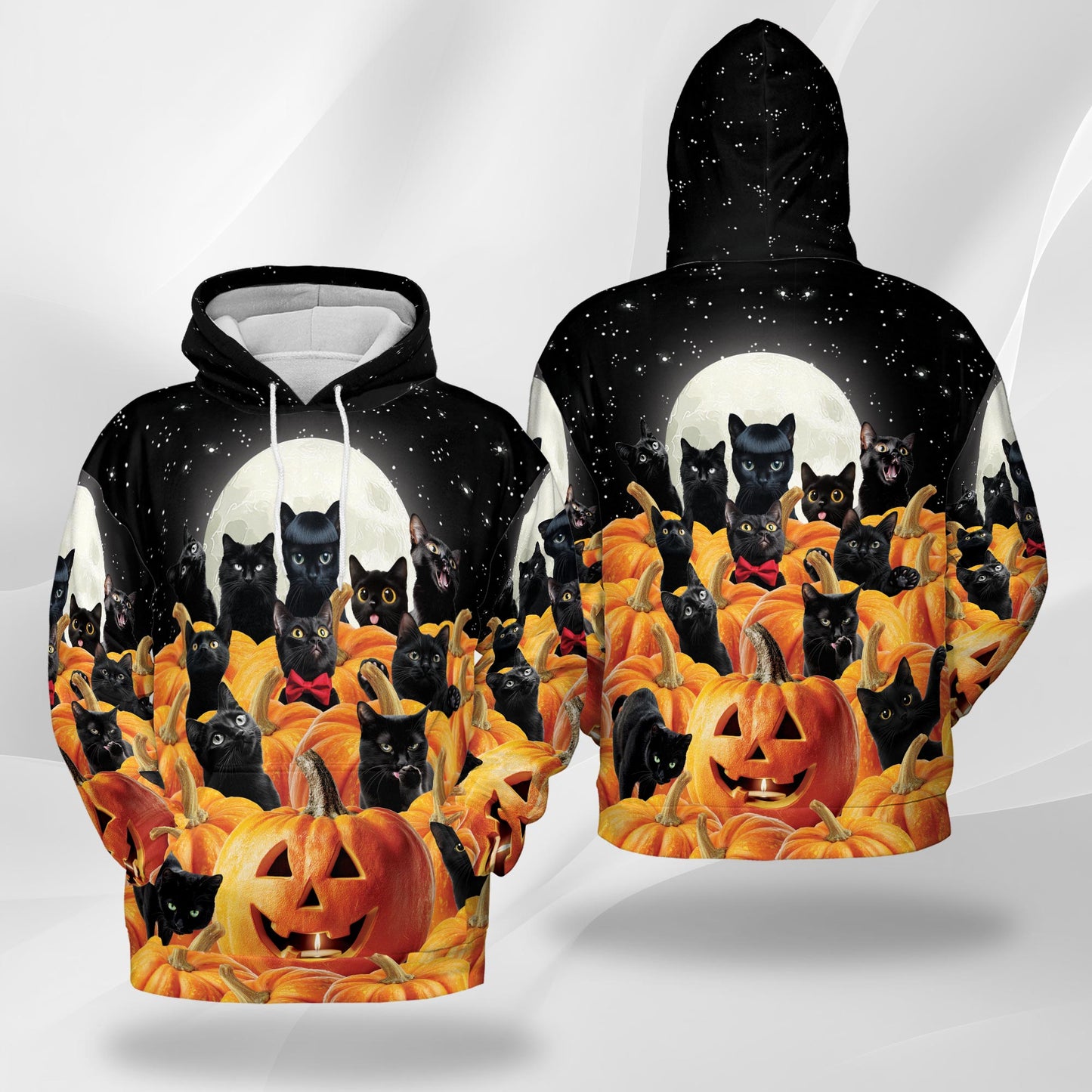 Netecom Cute Black Cat Pumpkin Halloween 3D Print Hoodie with Front Pocket, All Over Graphic Animal Sweatshirt Unisex Casual