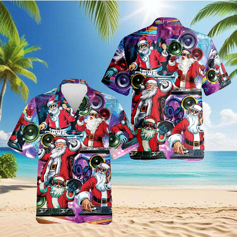 Netecom DJ Santa Claus Christmas Hawaiian Shirt, Music Party Holiday Print Button Down Summer Beach Short Sleeve Shirt, S-5XL