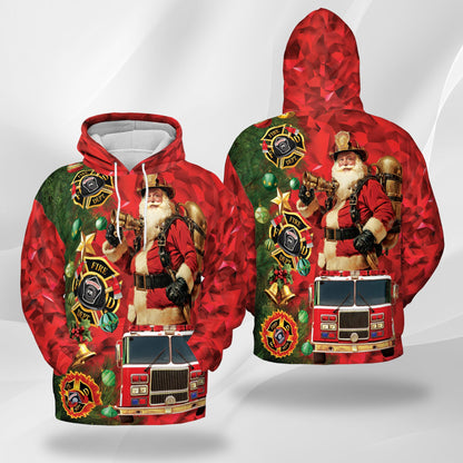 Netecom Firefighter Santa Claus Christmas Print Hoodie with Front Pocket, All Over Fire Truck Graphic Sweatshirt Unisex Casual
