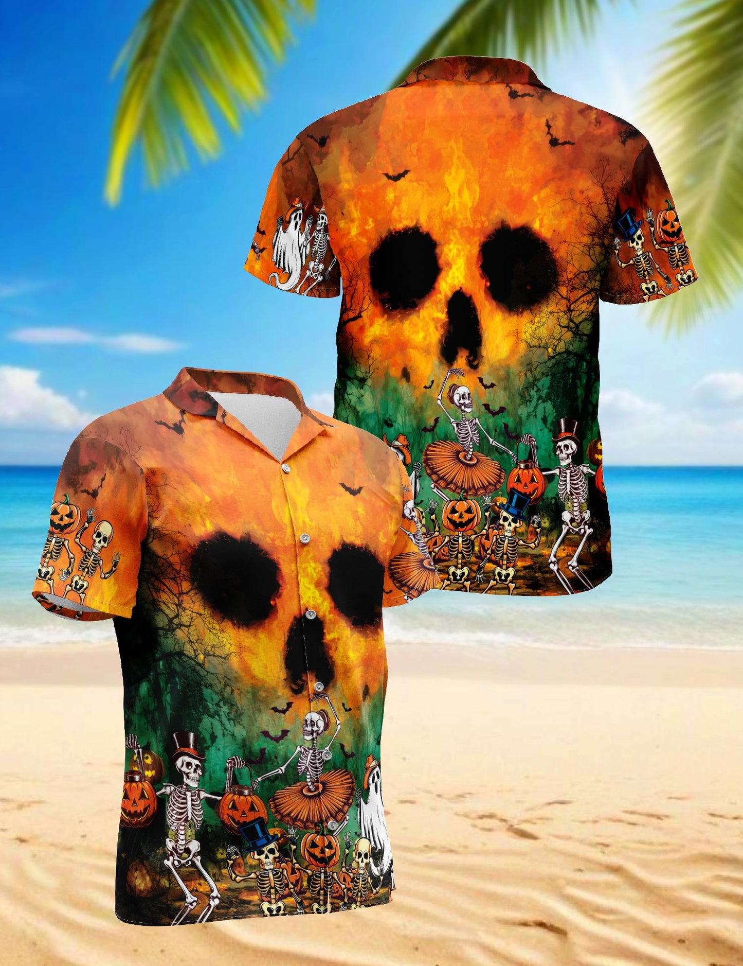 Netecom Party At Halloween Night Hawaiian Shirt for Men, Ghost Skeleton Button Down Summer Beach Short Sleeve Shirts, S-5XL