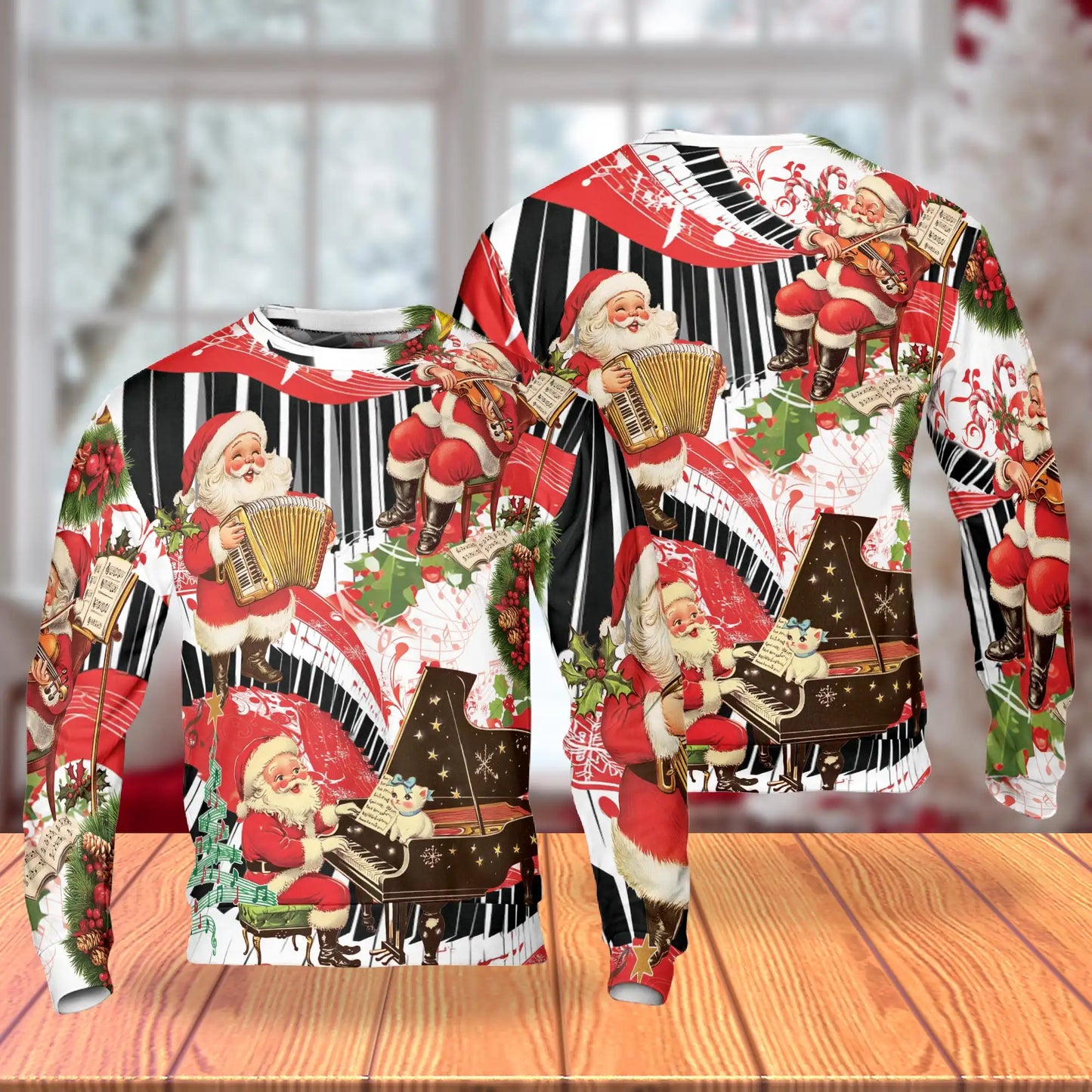 Musical Santa Christmas Sweatshirt, 3D All Over Print Holiday Music Crewneck Pullover for Men Women, Santa Music Lover Gift - Netecom