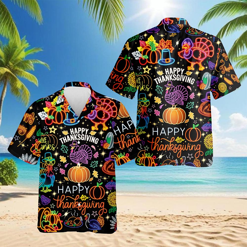 Netecom Neon Thanksgiving Hawaiian for Men Women, Happy Turkey Day Button Down Summer Beach Short Sleeve Shirts, S-5XL