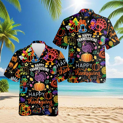 Netecom Neon Thanksgiving Hawaiian for Men Women, Happy Turkey Day Button Down Summer Beach Short Sleeve Shirts, S-5XL