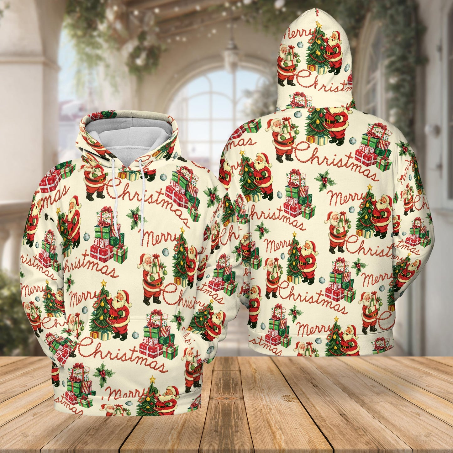 Netecom Santa Claus 3D Hoodie with Front Pocket, Unisex Casual All Over Merry Christmas Graphic Sweatshirt