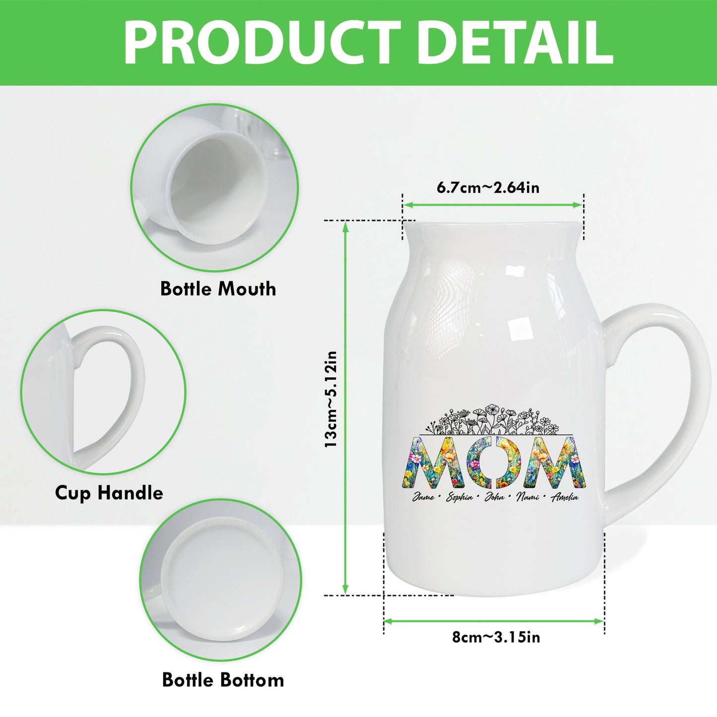 Netecom Personalized Floral "MOM" Ceramic Jug Vase with Custom Names, Unique Family Gift for Mother’s Day, Birthdays, or Holidays