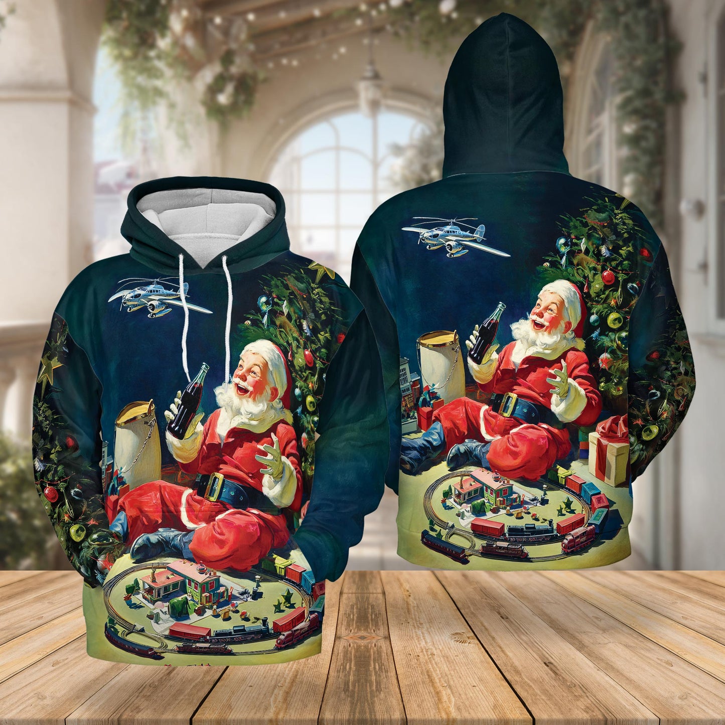 Netecom Vintage Santa Claus Christmas 3D Hoodie with Front Pocket, Unisex Casual All Over Xmas Graphic Sweatshirt