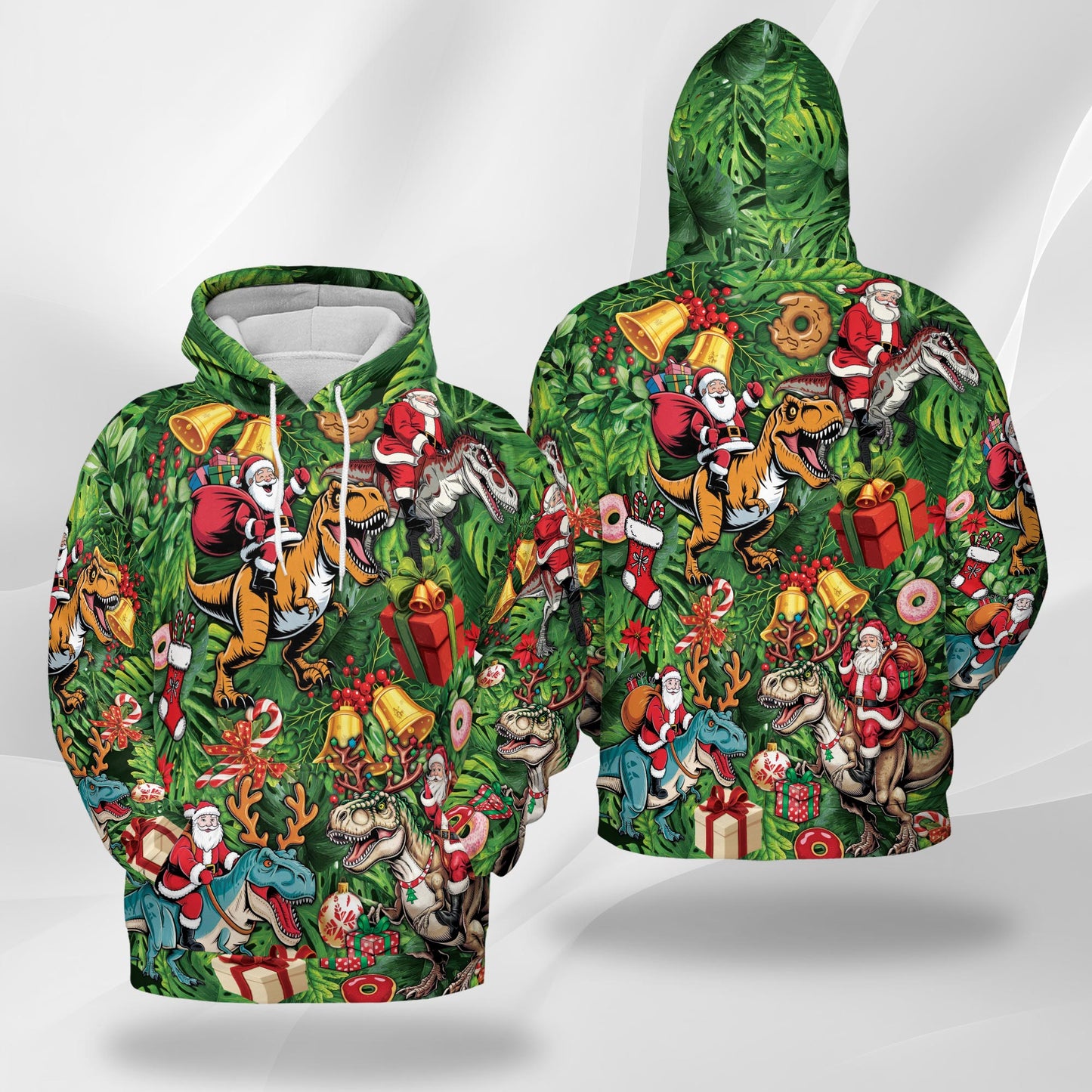 Netecom Santa Claus Riding Dinosaur Print Hoodie with Front Pocket, All Over Funny T-Rex Graphic Sweatshirt Unisex Casual