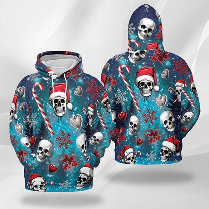 Netecom Skull Santa Christmas Print Hoodie with Front Pocket, All Over Gothic Graphic Sweatshirt Unisex Casual
