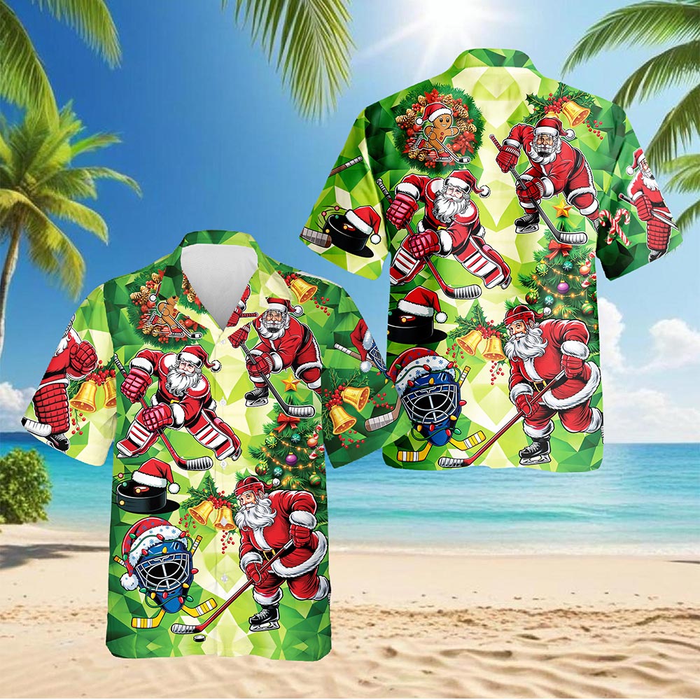 Netecom Santa Claus Ice Hockey Christmas Hawaiian Shirt, Sports Holiday Button Down Summer Beach Short Sleeve Shirt, S-5XL