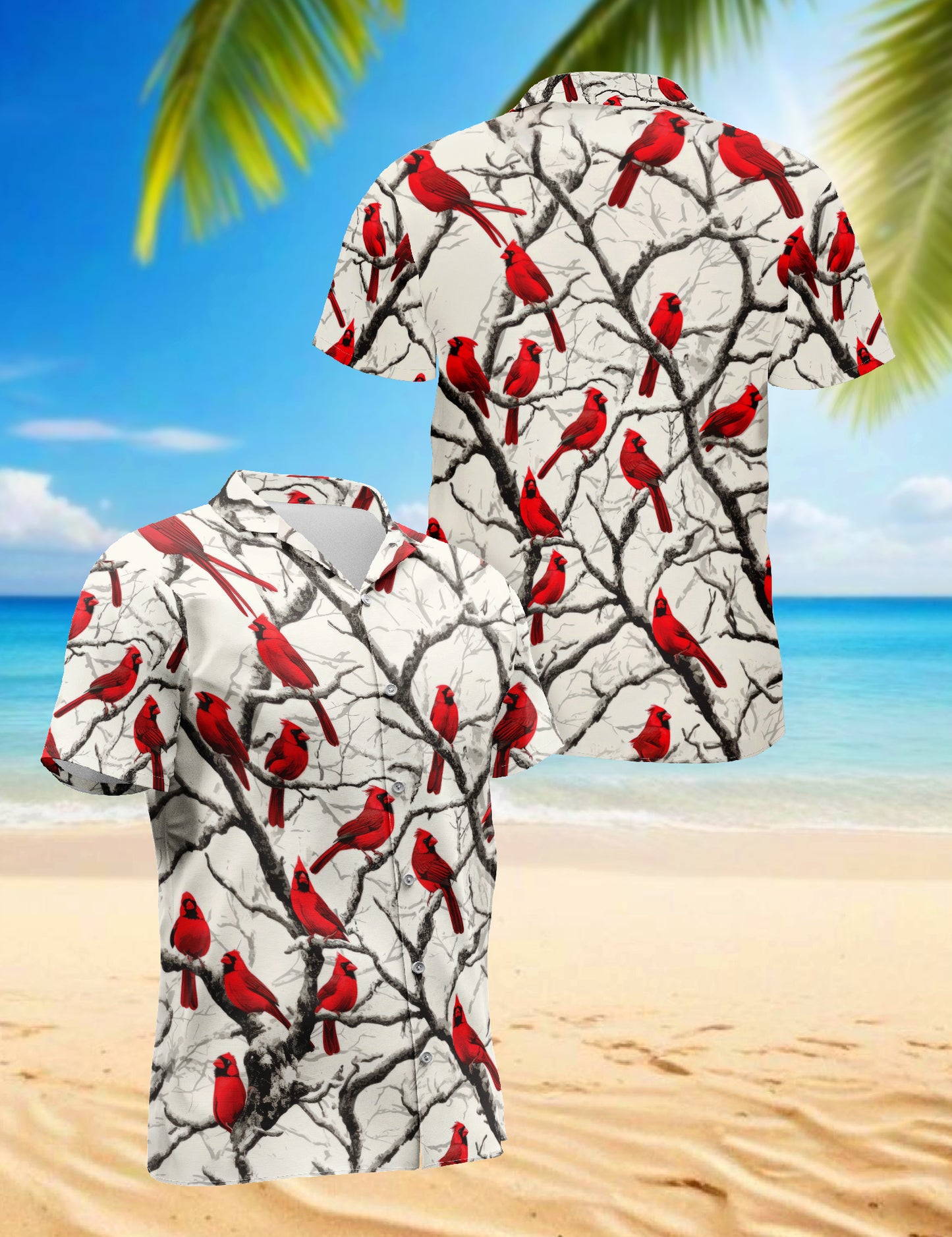 Netecom Red Cardinal Bird Christmas Hawaiian Shirt, Vibrant Bird Winter on Branches Button Down Shirt