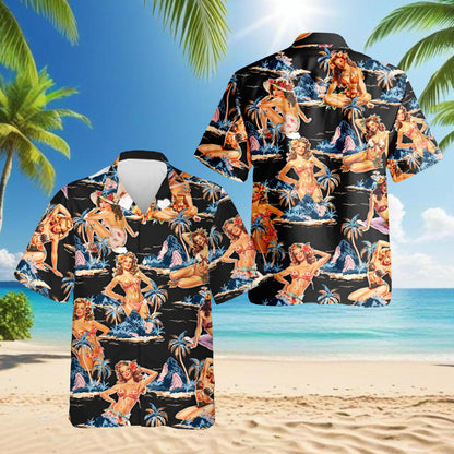 Netecom Tropical Pinup Girl Black Hawaiian Shirt for Men Women, Beautiful Girl Button Down Summer Beach Shirts