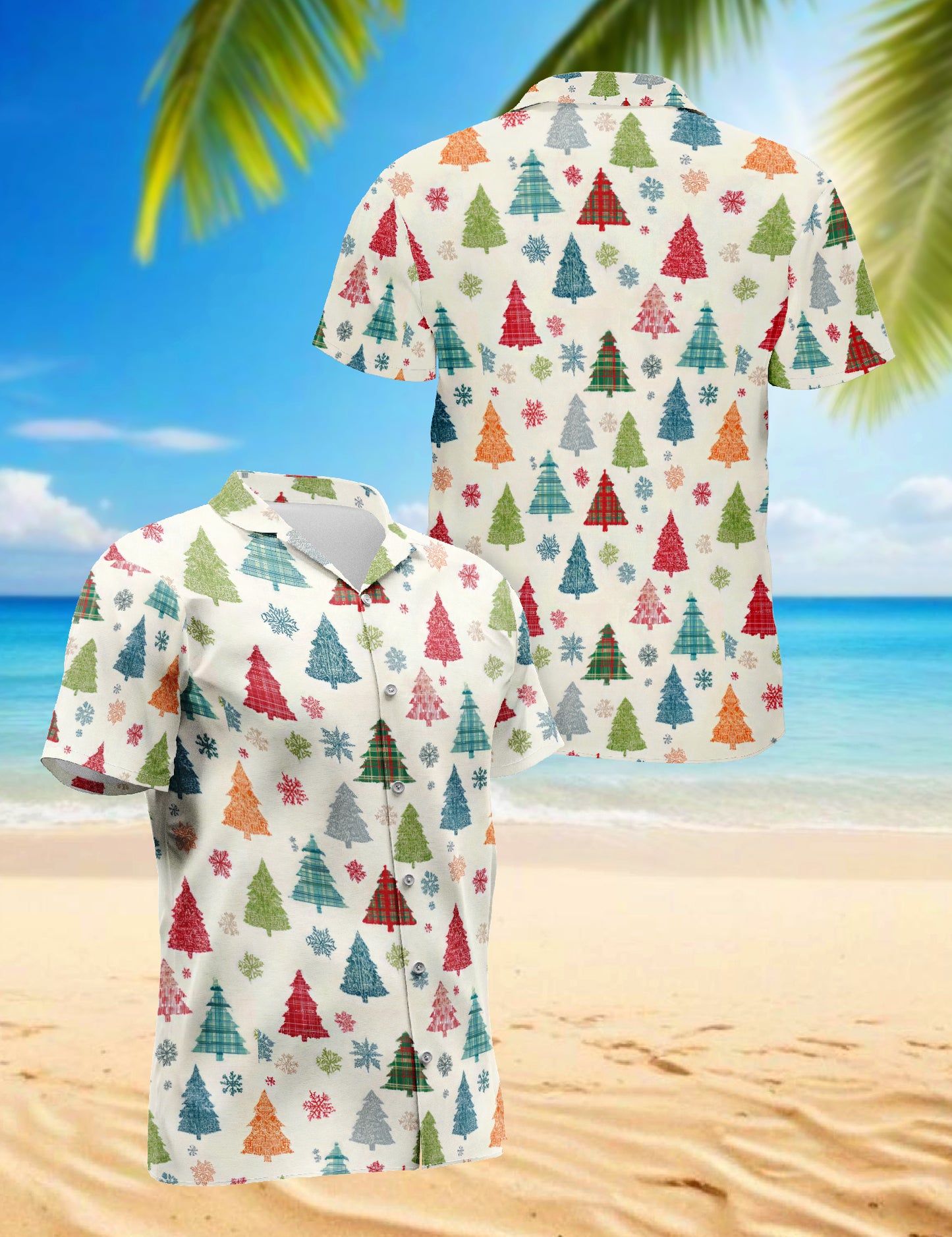 Netecom Christmas Tree Pattern Hawaiian Shirt for Men, Colorful Xmas Plaid Trees Button Down Summer Short Sleeve Shirts