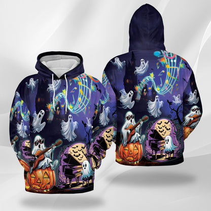 Netecom Music Night Halloween 3D Print Hoodie with Front Pocket, All Over Graphic Pumpkin Ghost Sweatshirt Unisex Casual